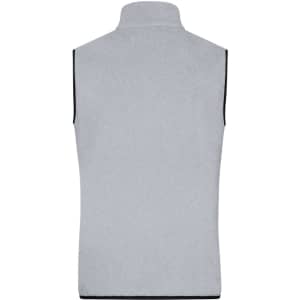 A grey men's fleece vest with a high collar and contrasting black trim, featuring a logo on the back.