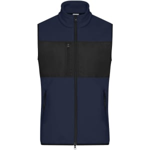A navy blue fleece vest with black panel detailing and two front zip pockets. It features a zipped high collar and a logo.
