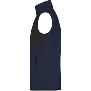 A men's fleece vest in navy blue and black, featuring a zip pocket and a high collar.