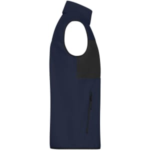 A men's fleece vest in navy blue with black accents and a zippered pocket, featuring a logo.