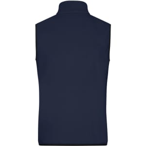 A navy men's fleece vest with a high collar and no sleeves, featuring a logo on the back.