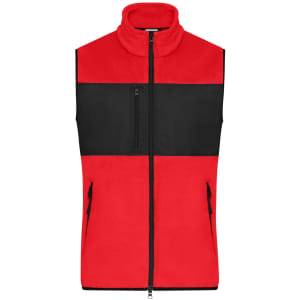 A fleece vest featuring a bold red and black design, with a zippered front and pockets. It has a logo.