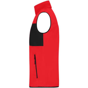 A red fleece vest with a black chest pocket and zippered side pocket, featuring a logo.