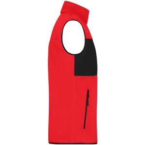 A red fleece vest featuring a black panel and a zippered pocket, with a logo on the chest.