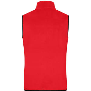 A red fleece vest with a high collar and no sleeves, featuring a black trim and a logo.