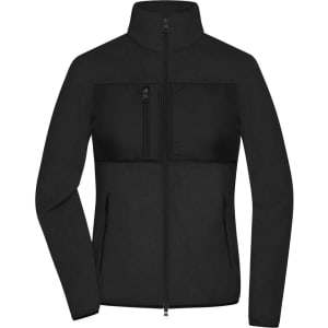 A black fleece jacket with a zip front, high collar, and a chest pocket, featuring a logo.