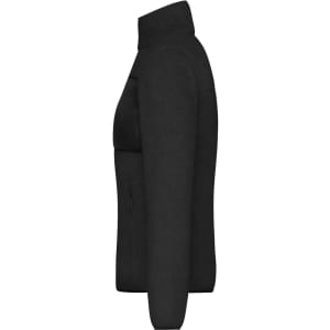 A black ladies fleece jacket featuring a high collar and a side zip pocket. The jacket has a smooth, soft texture.