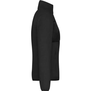 A black ladies' fleece jacket displayed from the side, featuring a collar and zippered pockets. It has a logo on it.
