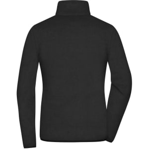 A black polar fleece jacket featuring a high collar and a simple design. It has a logo on the back.