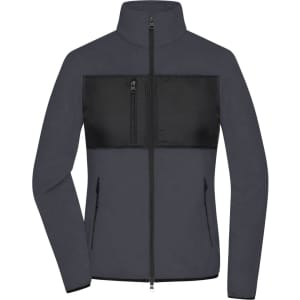 A ladies' fleece jacket featuring a dark grey body with a black panel across the chest, including a zippered pocket.