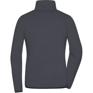 A dark grey fleece jacket with a high collar, featuring a logo on the back.