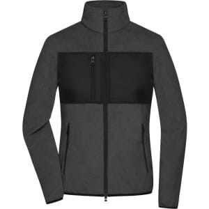 A ladies fleece jacket in grey with a black panel and a zippered chest pocket, featuring side pockets and a high collar.