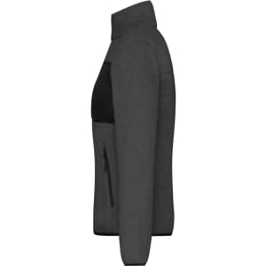 A grey ladies fleece jacket with a zip pocket and a high collar, featuring a black panel on the front.