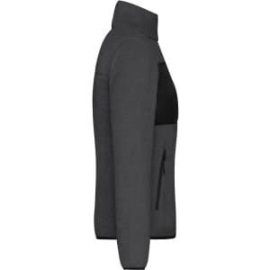 A grey ladies fleece jacket with a zip pocket and black panel, featuring a stand-up collar and a sleek design.