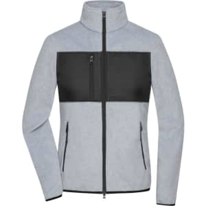 A light grey fleece jacket featuring a black chest panel and zippered pockets, with a high collar and a logo.