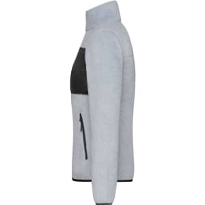 A grey ladies fleece jacket featuring a black panel and zip pockets, with a high collar and a sleek design.