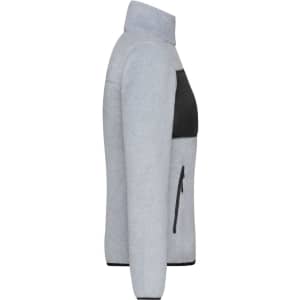 A grey ladies' fleece jacket featuring a black panel and zippered pockets, with a high collar design.