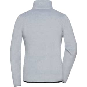 A grey fleece jacket featuring a high collar and plain back design, with a small logo on the side.