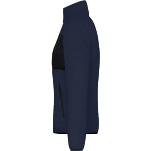 A navy ladies fleece jacket featuring a black panel and zippered pockets. The jacket has a high collar and a sleek design.