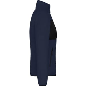 A navy blue polar fleece jacket with a black pocket and zipper. It features a high collar and a sleek design.