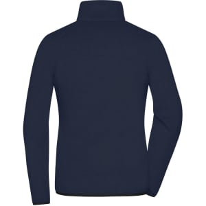 A navy fleece jacket with a high collar and long sleeves, featuring a logo on the back.