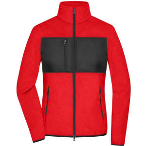 A red and black ladies fleece jacket featuring a zippered front and side pockets, with a logo on the chest.