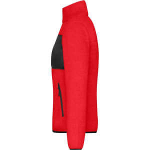 A red fleece jacket featuring a black chest pocket and side zip pockets, with a high collar. It includes a logo.