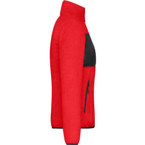 A red fleece jacket with a black panel and zip pockets, featuring a logo on the front.