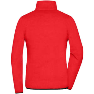 A red fleece jacket with a stand-up collar and a smooth back design, featuring a logo.