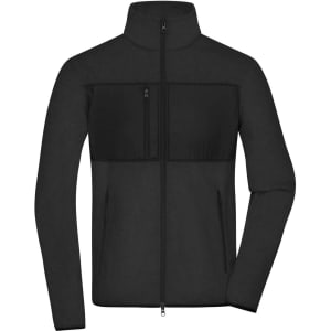 A black men's fleece jacket featuring a zip front, high collar, and two zip pockets, with a logo on the chest.