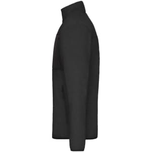 A black men's fleece jacket featuring a zippered chest pocket and a high collar design.