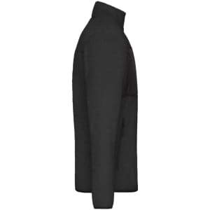 A men's black fleece jacket with a zippered pocket and a collar, featuring a logo on the side.