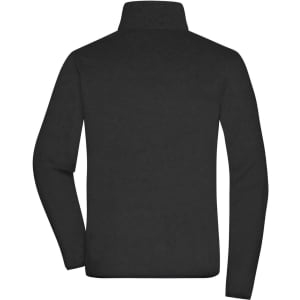 A men's fleece jacket in black, featuring a high collar and long sleeves. The back view shows a simple design with a logo.