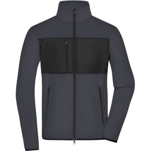 A men's fleece jacket in navy blue with black panel detailing and a full zip front. Features two front pockets and a logo.