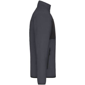 A men's fleece jacket in dark grey, featuring a zippered pocket and a black panel on the chest, with a logo.