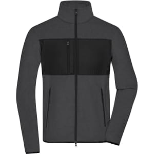A mens fleece jacket in grey with a black panel, featuring a zippered front and pockets. It has a collar and a logo.