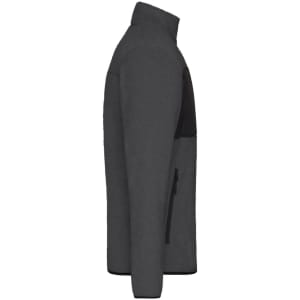 A men's fleece jacket in dark grey with a black panel and zippered pockets, featuring a logo.