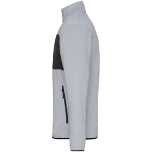 A men's grey fleece jacket with a black panel and zip pockets, featuring a high collar and a branded logo.