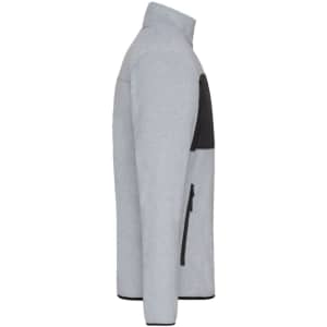A men's fleece jacket in light grey with black detailing and a zippered pocket, featuring a logo on the chest.
