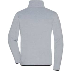 A men's fleece jacket in light grey, featuring a high collar and a simple, classic design. It has a branding logo.