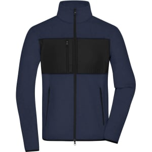 A men's fleece jacket in navy blue with a black panel on the chest, featuring a zip front and pockets.
