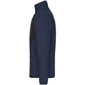 A polar fleece jacket in navy blue with black detailing and a zippered pocket, featuring a logo.