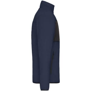 A side view of a men's fleece jacket in navy blue, featuring a black panel and a zippered pocket.