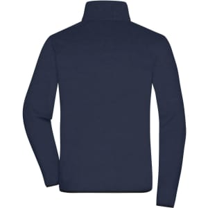 A navy blue men's fleece jacket with a high collar and long sleeves. The back view displays a simple design and logo.