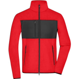 A red fleece jacket with a black panel across the chest and zippered pockets on the front. It features a high collar and a logo.
