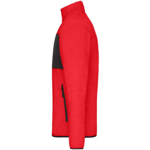 A red polar fleece jacket with a black chest pocket and zipper detailing on the side.