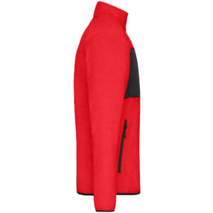 A red men's fleece jacket featuring black accents and a zippered pocket. It has a high collar and a fitted silhouette.