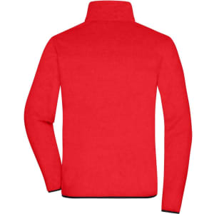 A red polar fleece jacket with a high collar, featuring a logo on the back. Ideal for warmth and comfort.