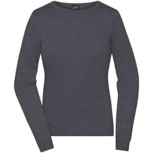 A grey round-neck pullover with long sleeves and a fitted design. It features a logo on the label.