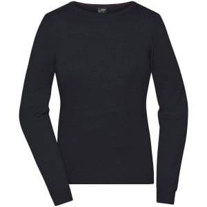 A black round-neck pullover jumper with long sleeves and a fitted silhouette. It has a subtle logo at the neckline.